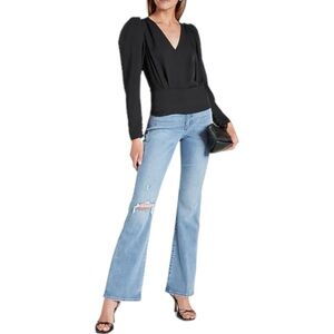 Express Women’s Puff Sleeve V-neck Ruffle Shoulder Long Sleeve Top Black Size XS